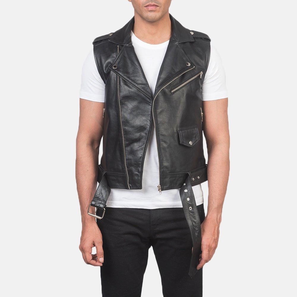 Sterling Heritage Men's Black Leather Biker Vest side view – VOOLUP