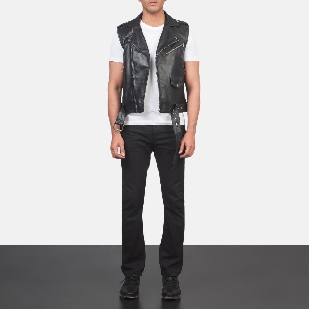 Sterling Heritage Men's Black Leather Biker Vest back view – VOOLUP