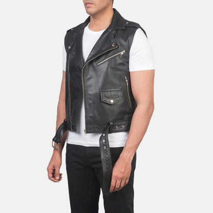 Sterling Heritage Men's Black Leather Biker Vest detail closeup – VOOLUP