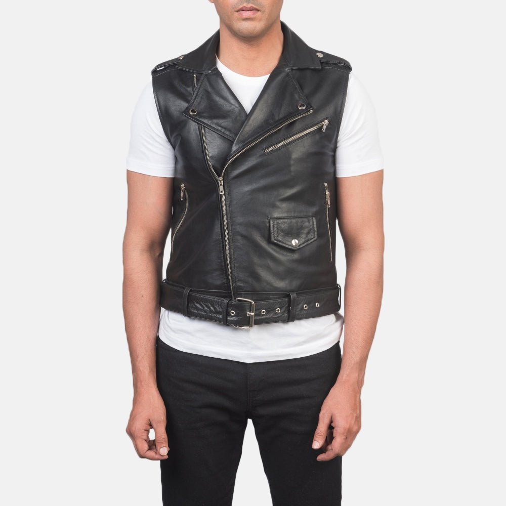 Sterling Heritage men's black genuine leather biker vest with asymmetric zip – VOOLUP