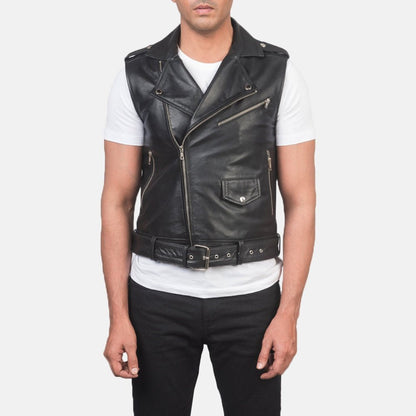 Sterling Heritage men's black genuine leather biker vest with asymmetric zip – VOOLUP