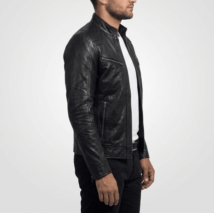 Onyx Racer Men's Black Lambskin Leather Jacket back view – VOOLUP