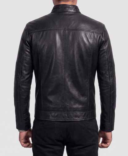 Onyx Racer Men's Black Lambskin Leather Jacket side view – VOOLUP