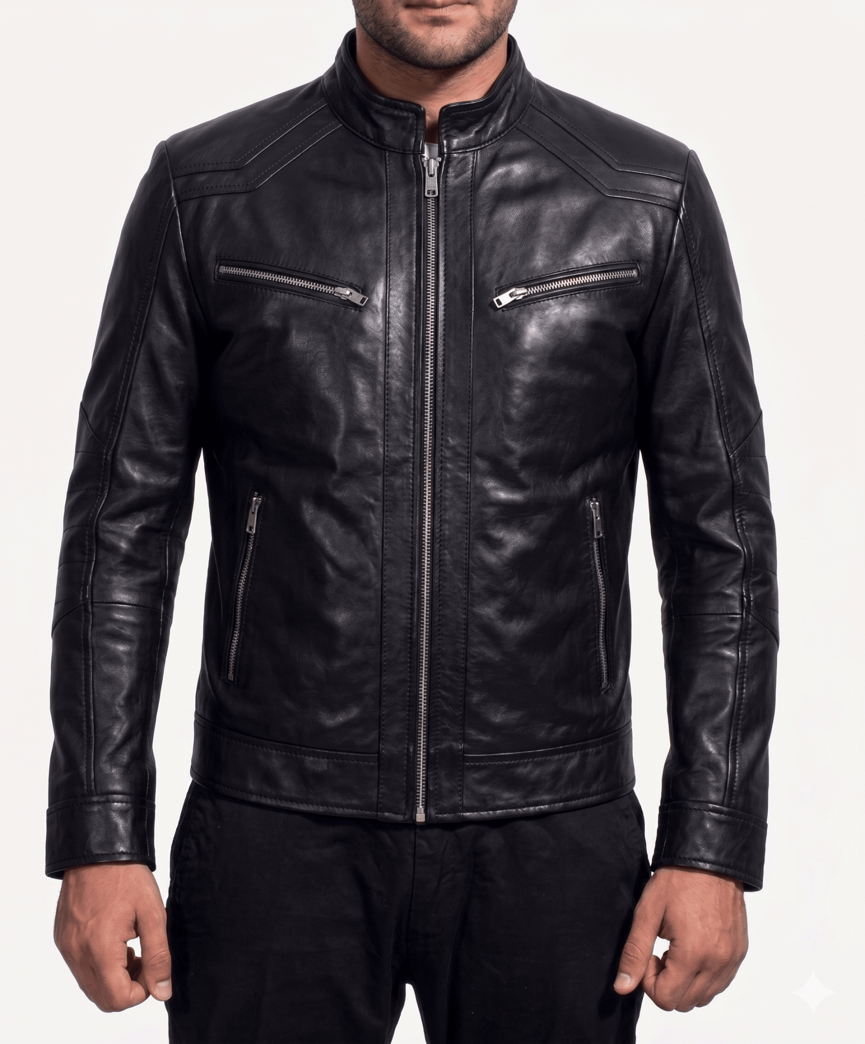 Onyx Racer Men's Black Lambskin Leather Jacket detail closeup – VOOLUP