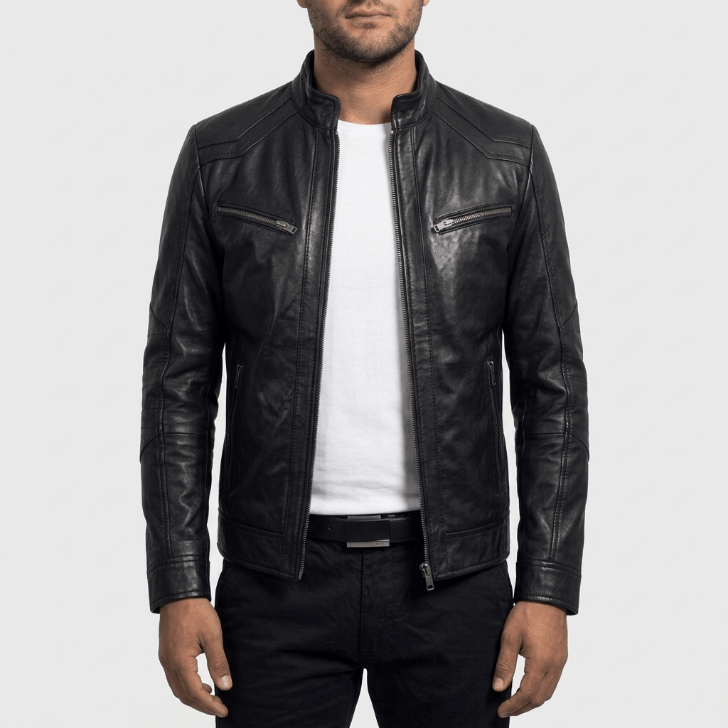 Onyx Racer men's black lambskin leather jacket front view – VOOLUP