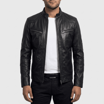 Onyx Racer men's black lambskin leather jacket front view – VOOLUP