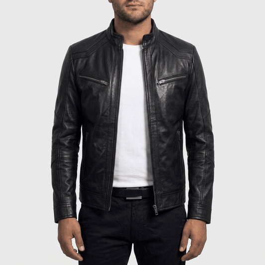 Onyx Racer men's black lambskin leather jacket front view – VOOLUP