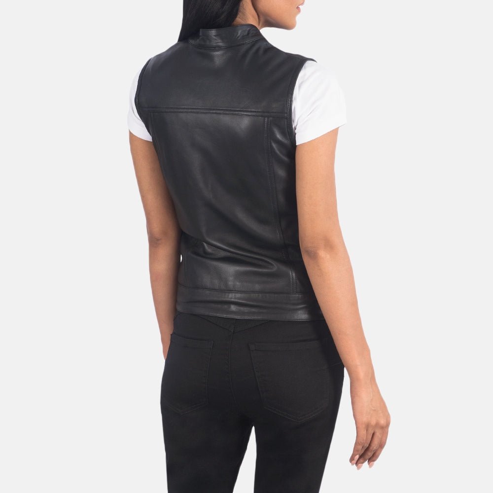 Vera Women's Black Leather Moto Vest detail closeup – VOOLUP