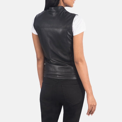 Vera Women's Black Leather Moto Vest detail closeup – VOOLUP