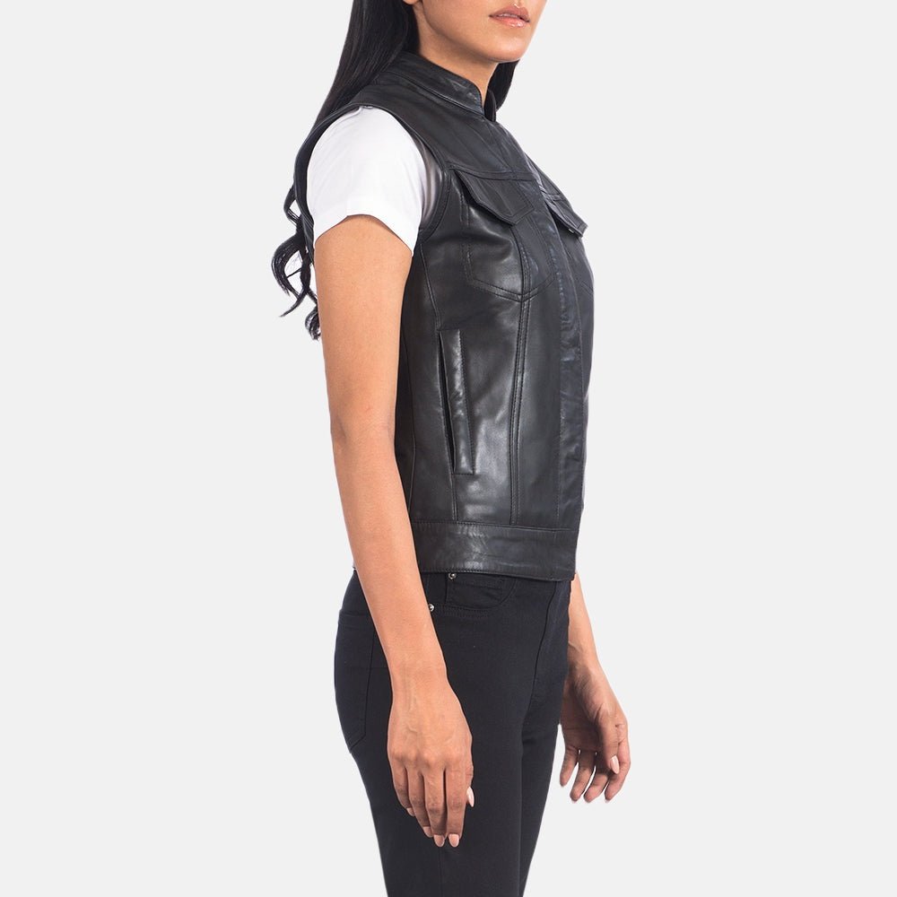Vera Women's Black Leather Moto Vest side view – VOOLUP