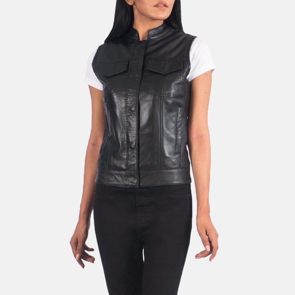 Vera women's black genuine leather moto vest front view – VOOLUP