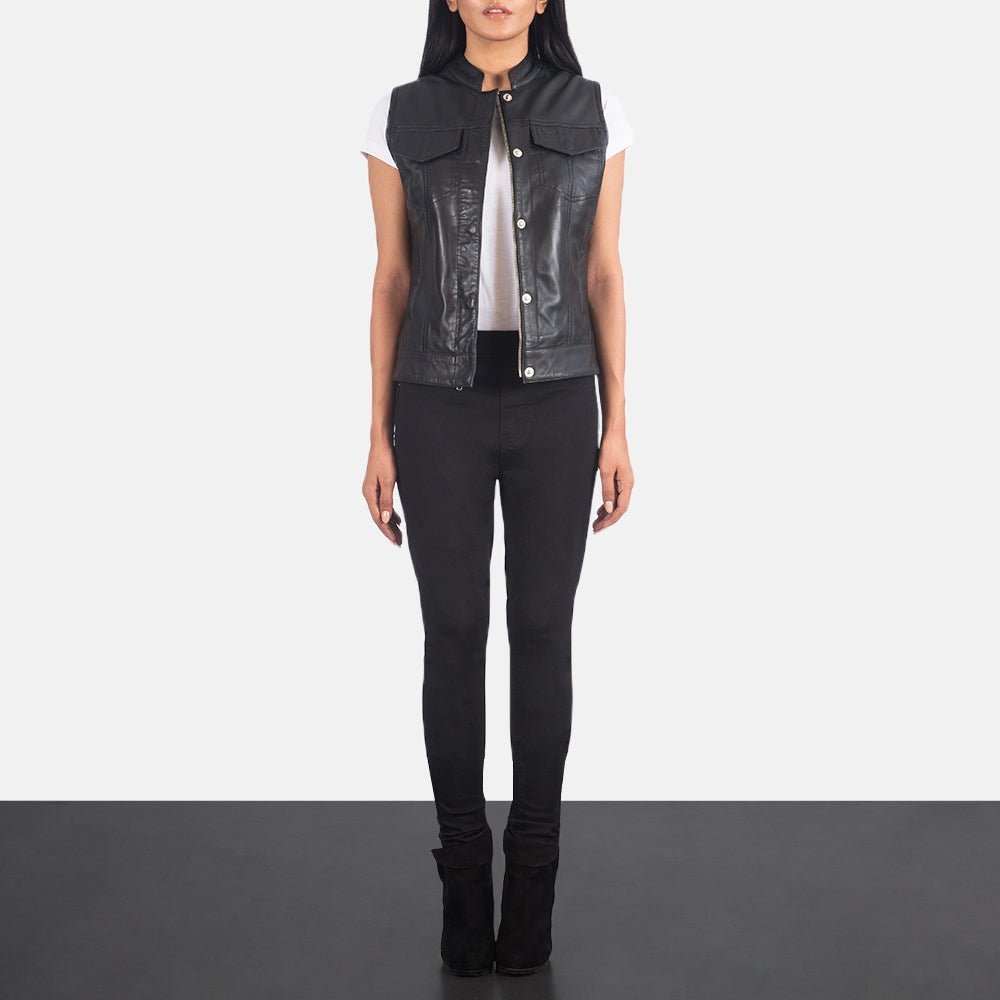 Vera Women's Black Leather Moto Vest back view – VOOLUP
