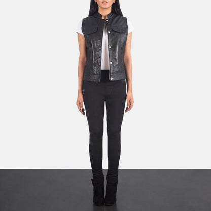 Vera Women's Black Leather Moto Vest back view – VOOLUP