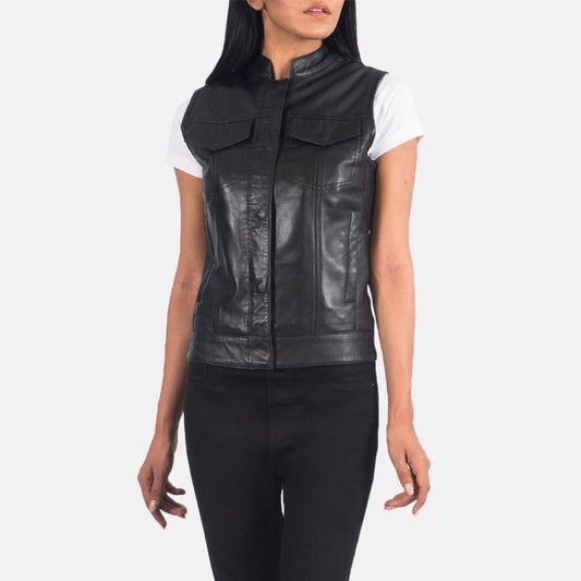 Vera women's black genuine leather moto vest front view – VOOLUP