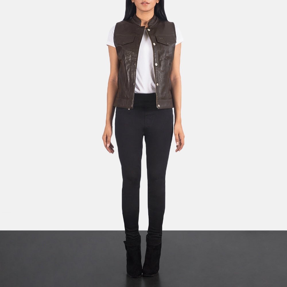 Vera Women's Brown Leather Moto Vest back view – VOOLUP