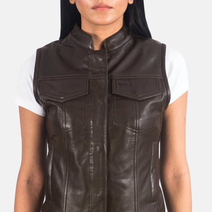 Vera Women's Brown Leather Moto Vest lifestyle detail – VOOLUP