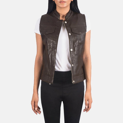 Vera women's brown genuine leather moto vest front view – VOOLUP