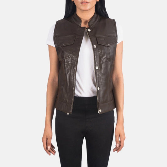 Vera women's brown genuine leather moto vest front view – VOOLUP