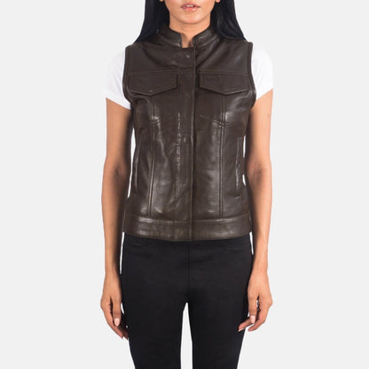 Vera Women's Brown Leather Moto Vest side view – VOOLUP