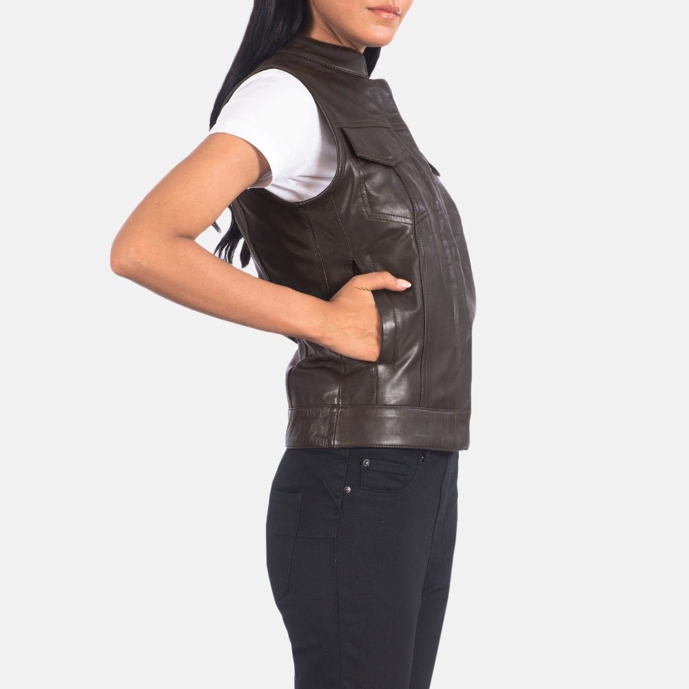 Vera Women's Brown Leather Moto Vest detail closeup – VOOLUP