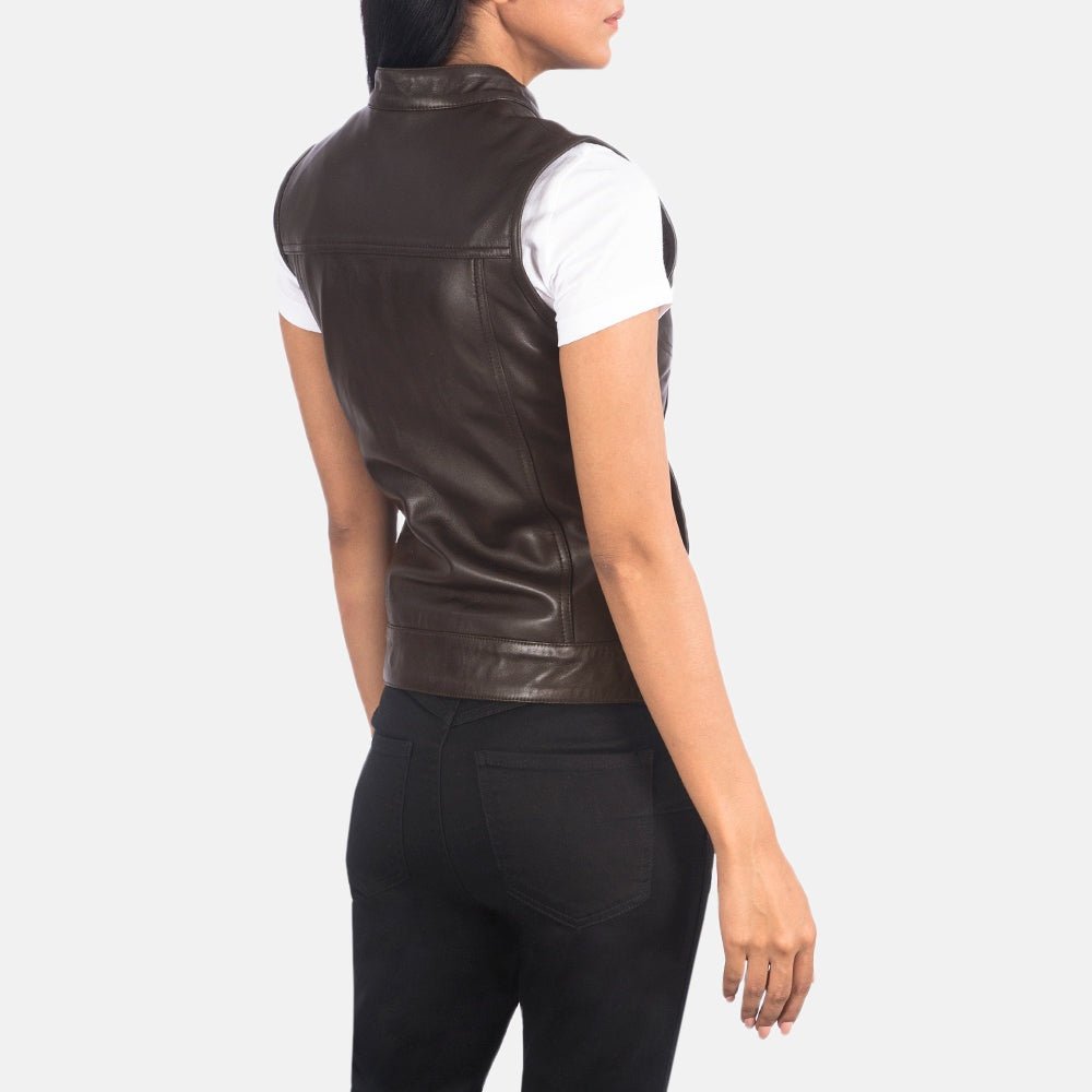 Vera Women's Brown Leather Moto Vest lifestyle view – VOOLUP