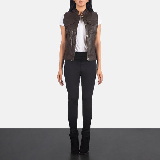 Vera Women's Brown Leather Moto Vest back view – VOOLUP
