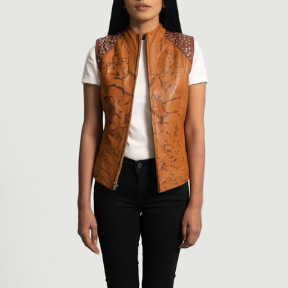 Vesper Women's Caramel Studded Leather Biker Vest side view – VOOLUP