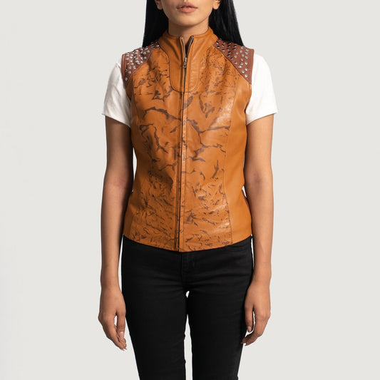 Vesper women's caramel brown genuine leather studded biker vest – VOOLUP