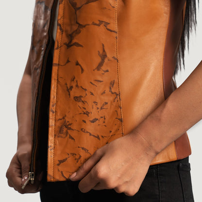 Vesper Women's Caramel Studded Leather Biker Vest lifestyle detail – VOOLUP