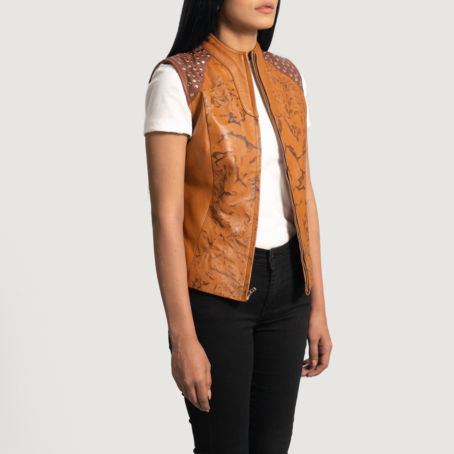 Vesper Women's Caramel Studded Leather Biker Vest detail closeup – VOOLUP