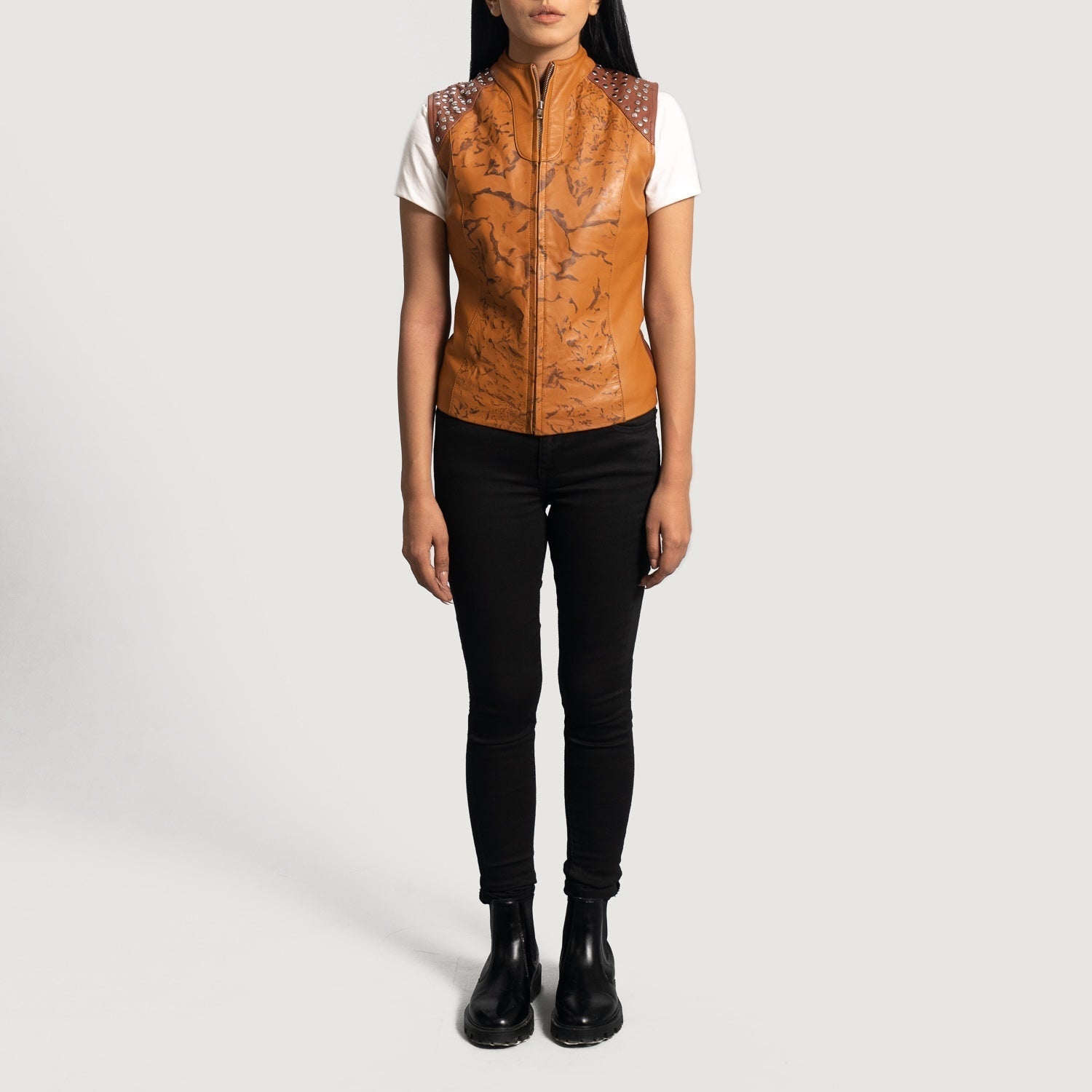 Vesper Women's Caramel Studded Leather Biker Vest back view – VOOLUP