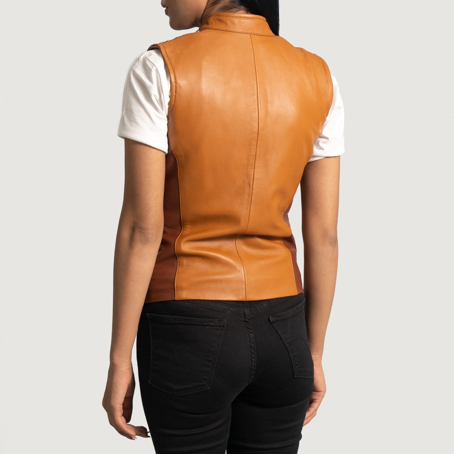 Vesper Women's Caramel Studded Leather Biker Vest lifestyle view – VOOLUP